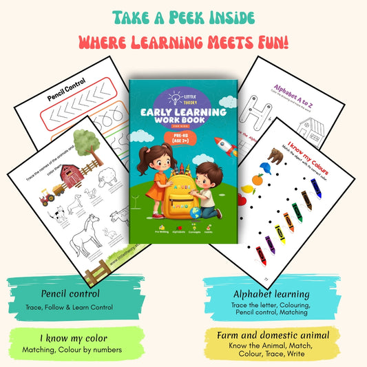 Little Learners Workbook Combo – (Ages 2+) Pre-KG Alphabet Skills + Early Learning + Brain Boosters | 3-in-1 Printable PDF Bundle