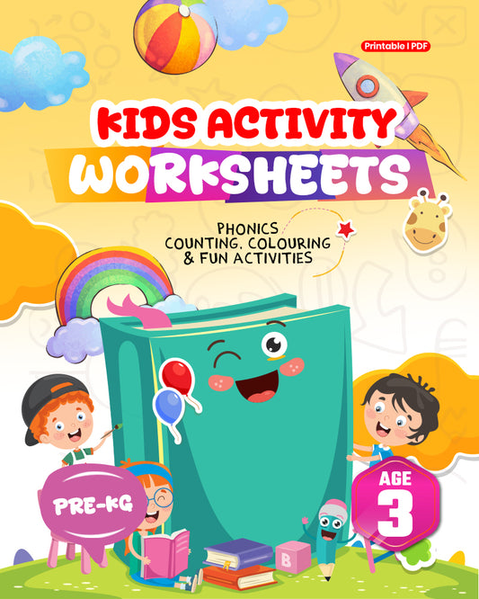 Early Learner Worksheets for Pre-KG (Age 3) – Fun Activities in Phonics, Numbers, GK, Coloring & More | Printable PDF