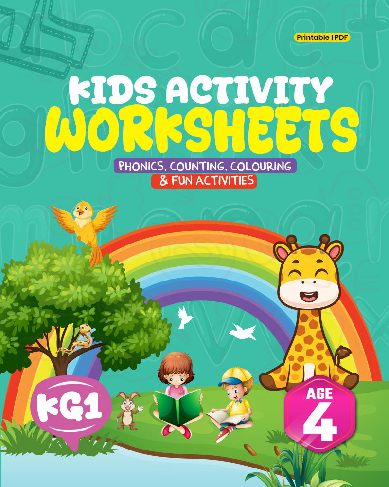 Interactive Learning Worksheets for LKG (Age 4) – Build Early Skills in Phonics, Numbers, Shapes, Pre-Writing & More | Printable PDF