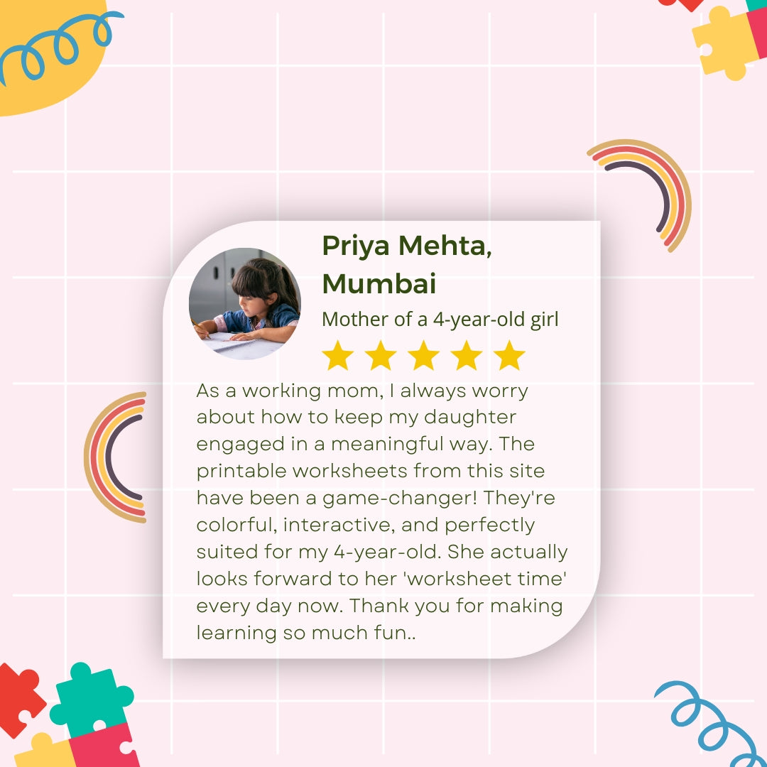 Interactive Learning Worksheets for LKG (Age 4) – Build Early Skills in Phonics, Numbers, Shapes, Pre-Writing & More | Printable PDF